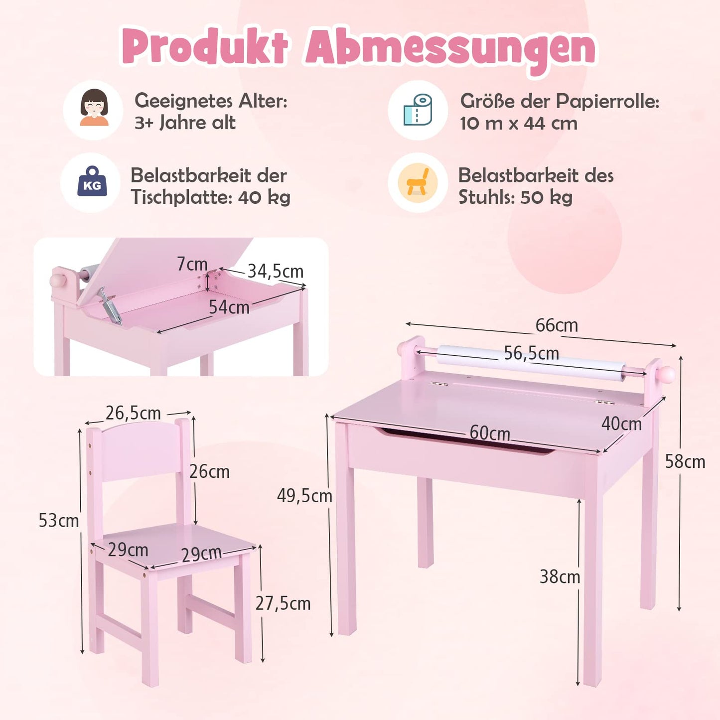 DREAMADE Kids Desk with Chair, Wooden Student Desk, Youth Desk, Children's Table, Kids Desk with Paper Roll Holder & Storage Space, Paper Roll and Markers Included (Pink)