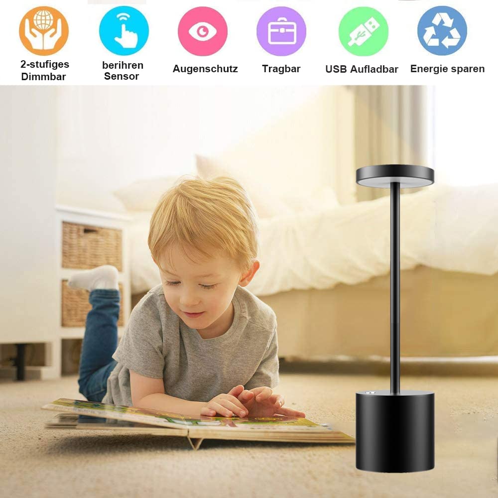 SLSMD Cordless Table Lamp, Metal Aluminum Dimmable LED Battery Table Light, Portable USB Rechargeable Bedside Lamp, Suitable for Indoor Outdoor Dining Bar Patio (Black)