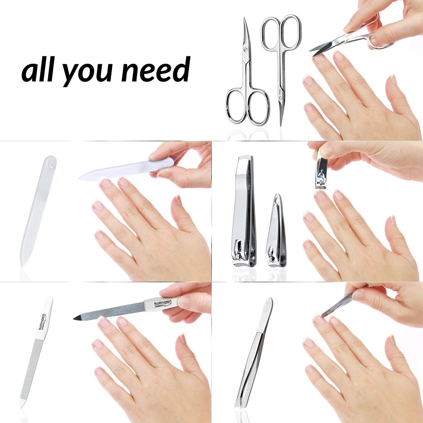 MarQus manicure set for women and men, Solingen, Made in Germany. 7 pieces featuring patented glass file for hand and foot care. Comes with genuine leather case, compact and soft.