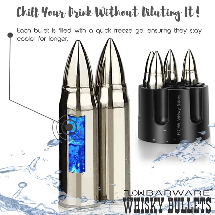 Flow XL Whiskey Bullets with Ammo Holder Stainless Steel Whiskey Stones Reusable Metal Ice Cube Tray Gift for Men Whiskey Accessories Silver