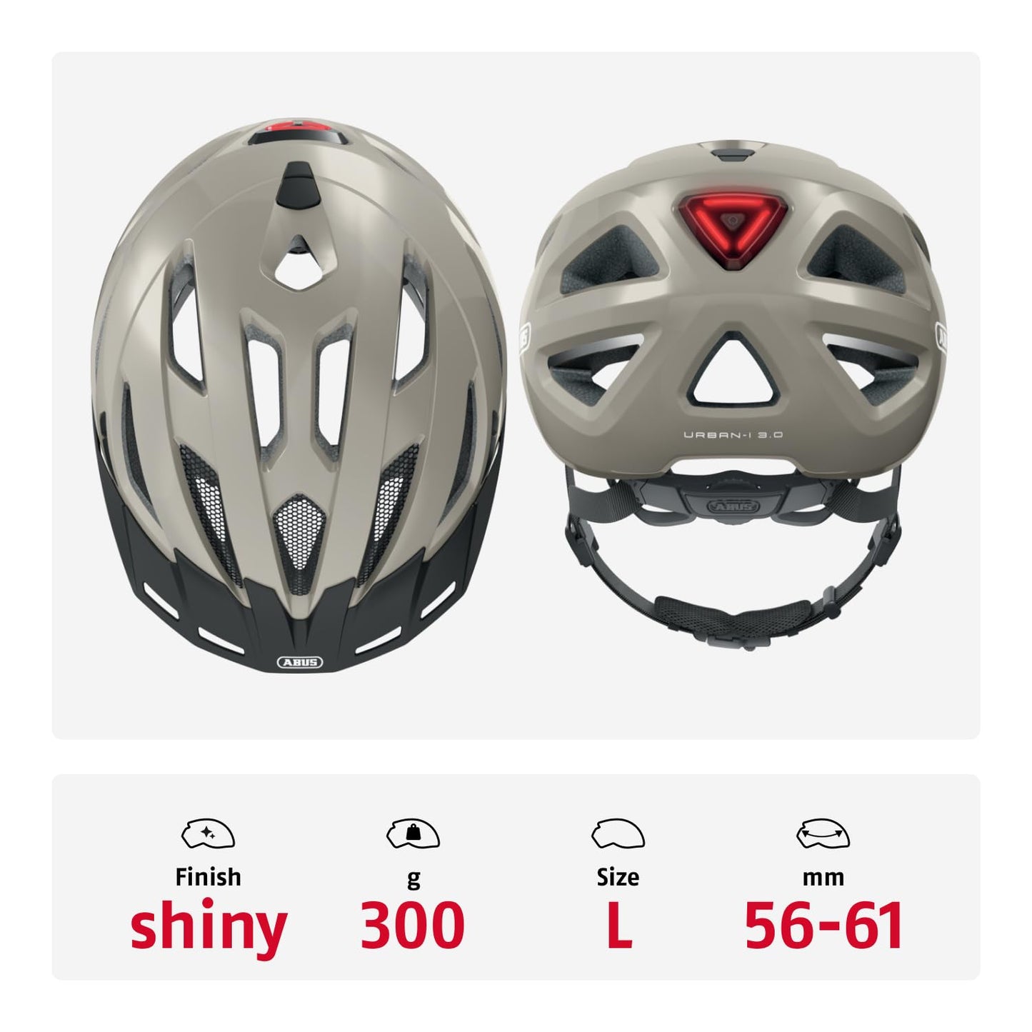 ABUS Urban-I 3.0 City Helmet - bike helmet with rear light, visor, and magnetic closure - for men and women - Grey Glossy, Size L