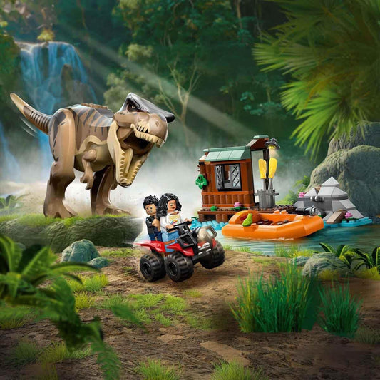 LEGO Jurassic World Escape from the T.Rex - Interactive toy with dinosaur figure, boat, ATV, and 2 minifigures - Gift for boys and girls aged 5 and up - 76975