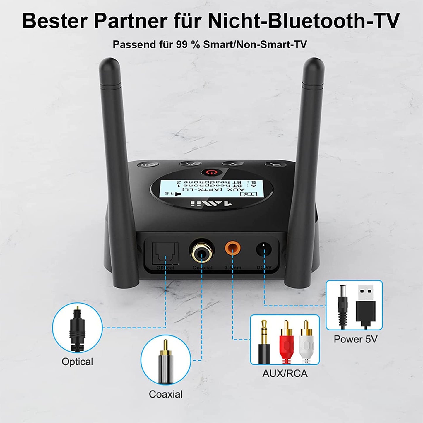 1Mii B06TX+ Bluetooth 5.2 transmitter with a long range, aptX HD & low latency wireless audio sender with screen display for TV/PC/projector to connect to 2 Bluetooth headphones/speakers.