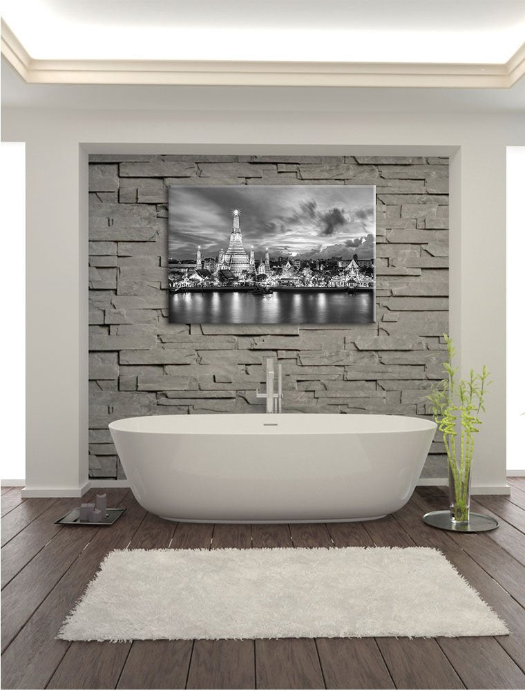 Pixxprint Wat Arun Night View Temple Bangkok Thailand Art B&W, Size: 100x70cm, Canvas Print, Stretched, Wall Art, Decoration, Art Print, not a Poster