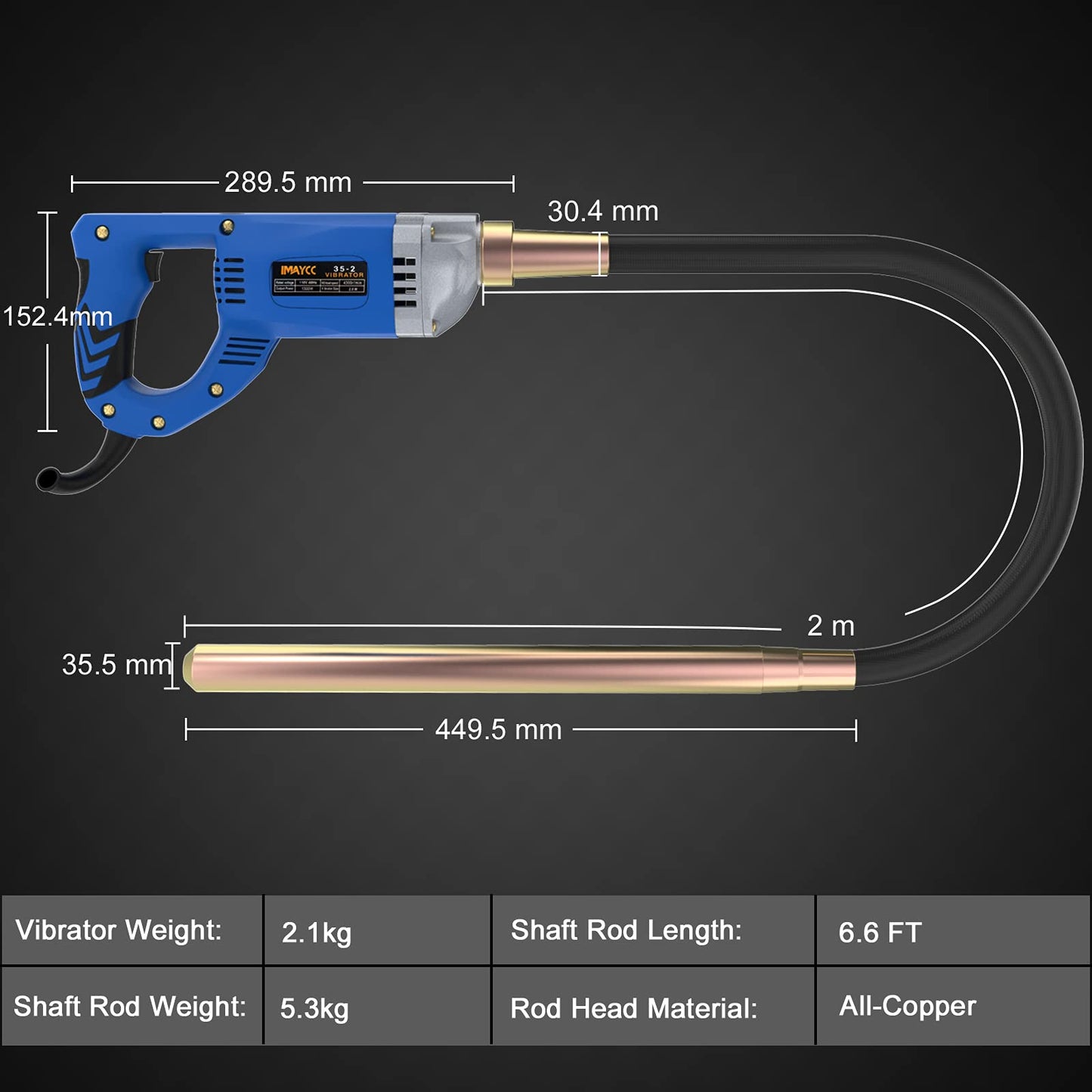 The IMAYCC Concrete Vibrator 1300W 220V 4300 RPM, with 2m copper hose length, is ideal for concrete tools.