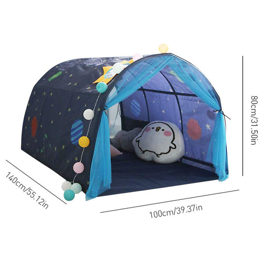 Powcan kids play tent for boys and girls, Galaxy starry sky playhouse tent for children. Pop up tent with double mesh curtain and carry bag for indoor and outdoor games. Size: 140x100x80cm.