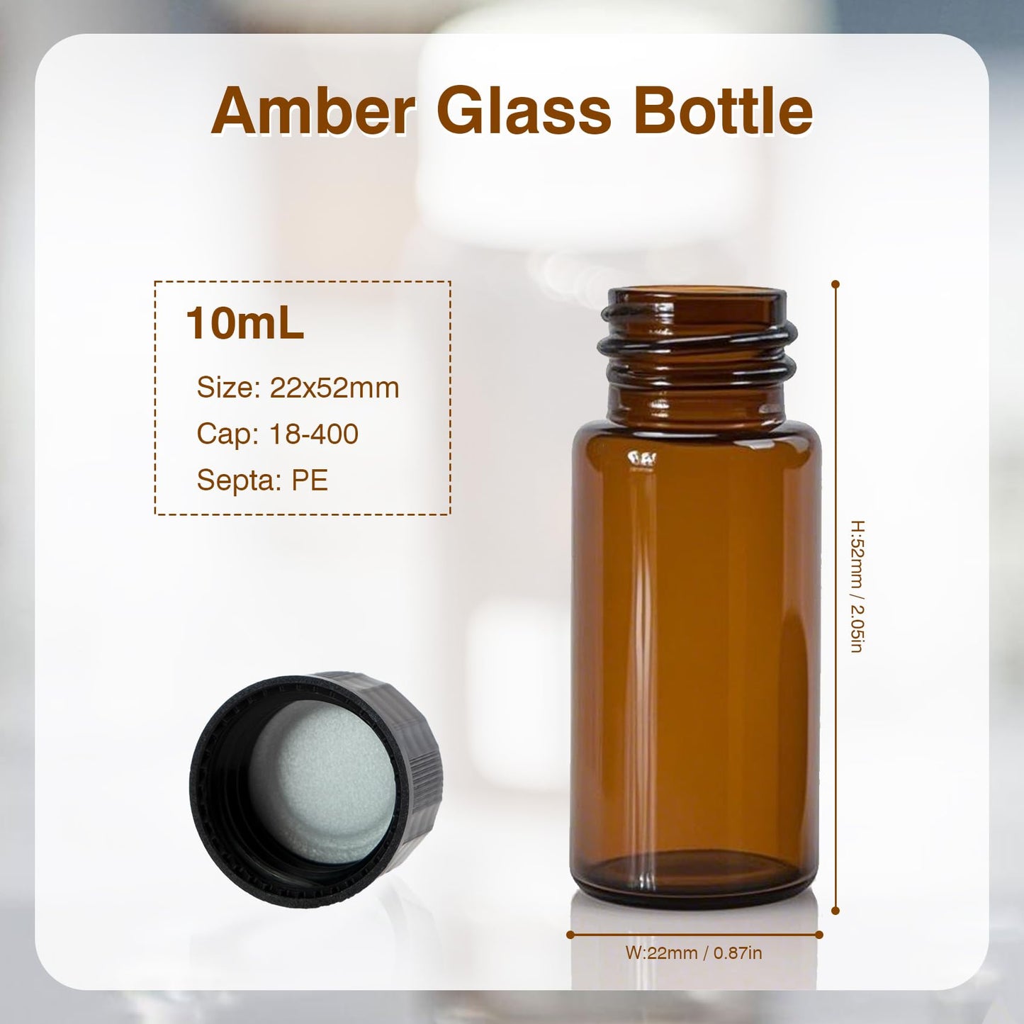 ALWSCI 20pcs 10mL amber glass sample vials 18-400 black closed top PP cap, PE liner sample container laboratory vials 22×52mm