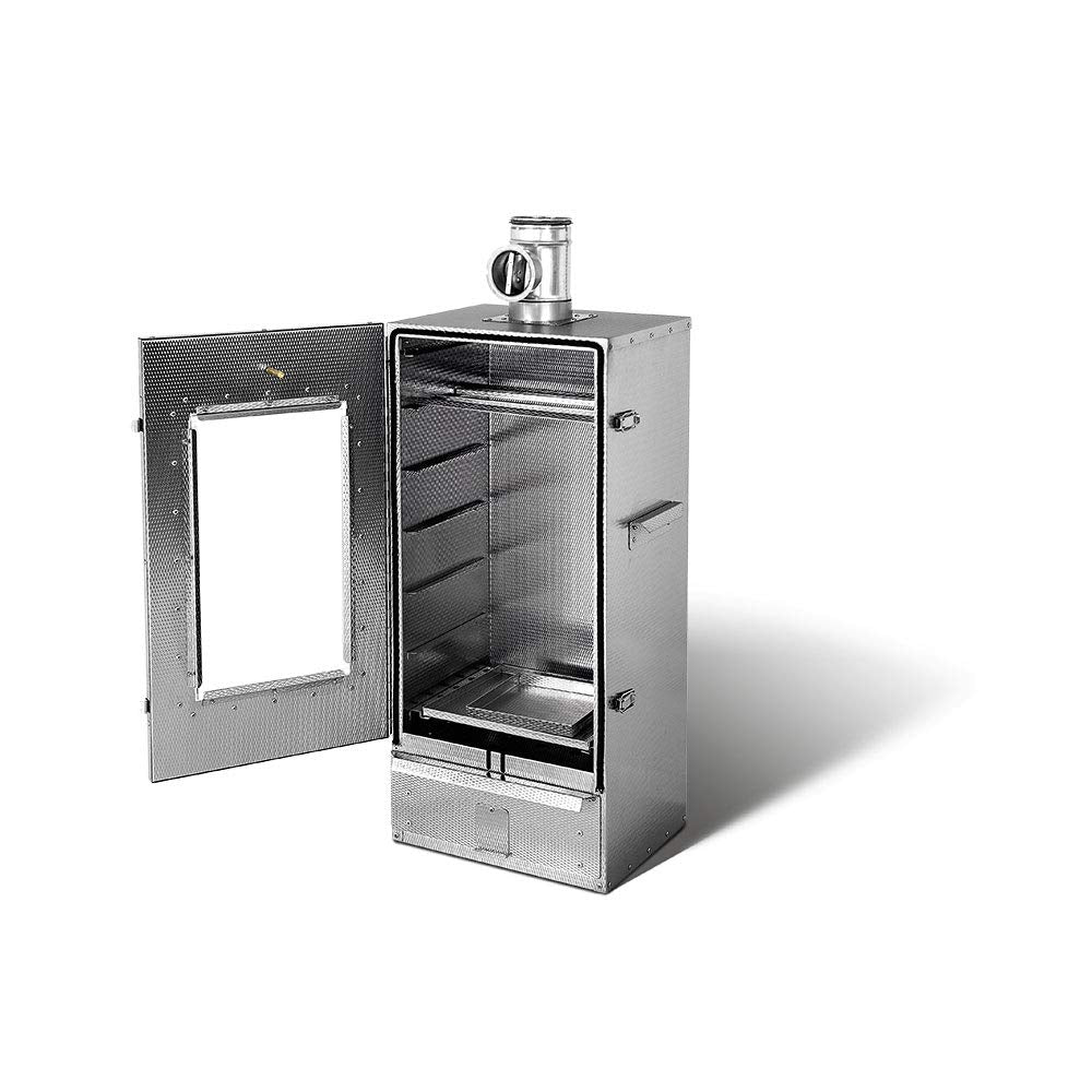 Isolated Smoki Smokehouse with viewing window made of embossed Cr stainless steel 85x39x33cm