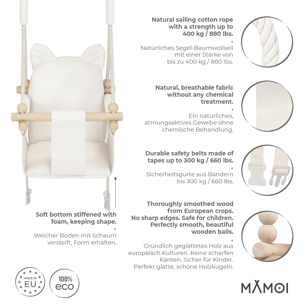 MAMOI® Baby swing, indoor baby swing, wooden children's swing, wooden swing for kids, door frame swings, swing, toddler swing for children's room from 1 year old.