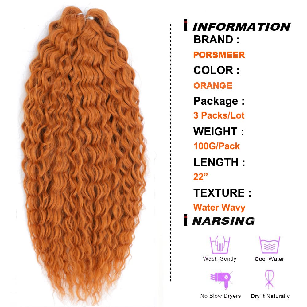 PORSMEER 3 Packs 22 Inch Water Wave Twist Crochet Hair Orange for Butterfly Locs Crochet Braids Bohemian Hair Extensions Pre-Looped Synthetic Hair Extensions for Women.