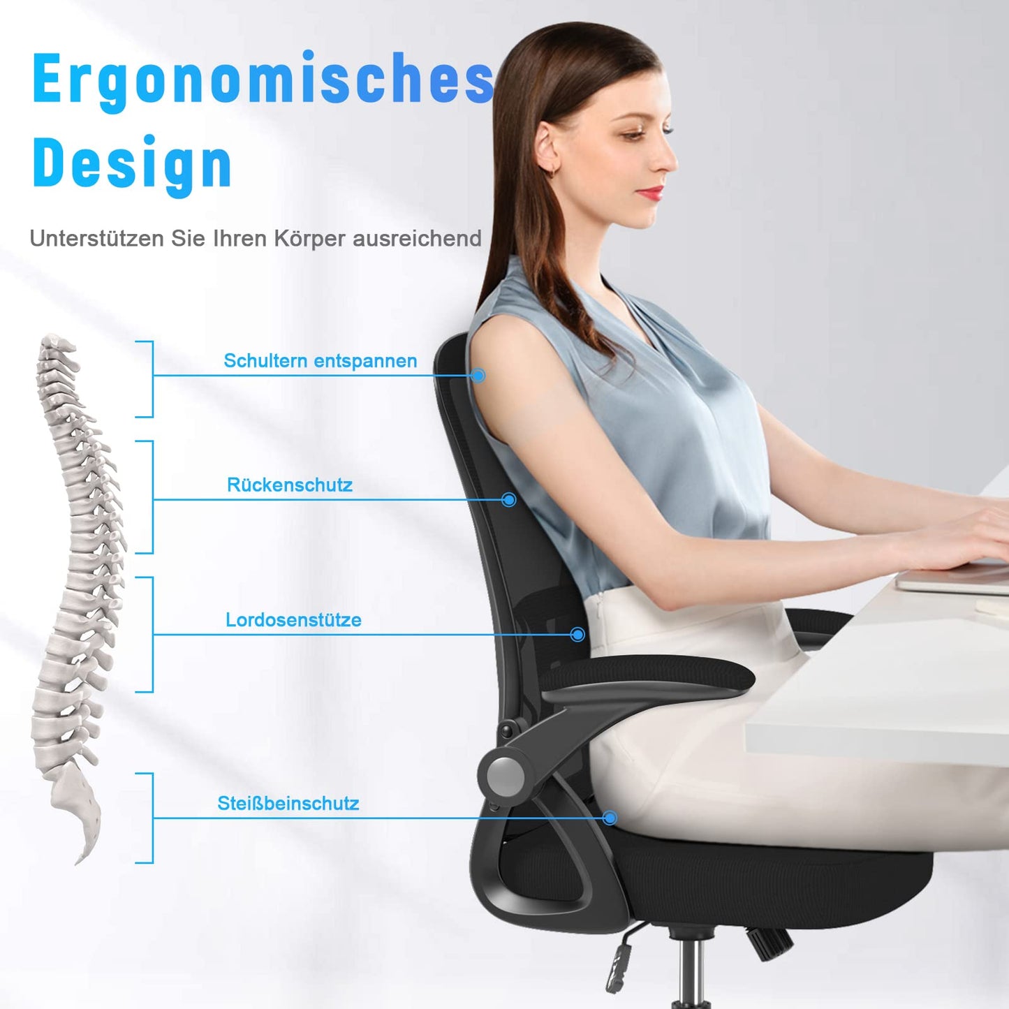 Rattan office chair, ergonomic desk chair with lumbar support, adjustable armrests, height adjustable, swivel chair with breathable backrest for office workspace, black.