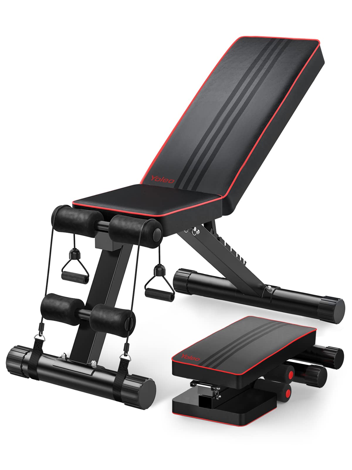 YOLEO Folding Weight Bench, Multifunction Training Fitness Bench, 2 in 1 Sit-ups Bench with high-quality thick padding / 7-Level Adjustable Backrest / Elastic Cord, Premium Line Training Bench