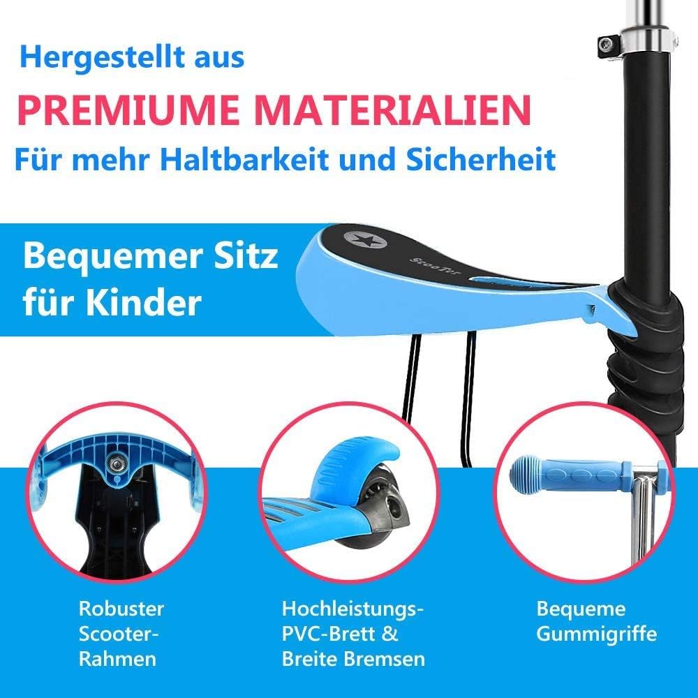 YOLEO 5-in-1 Kids Scooter with Removable Cartoon Basket Seat Push Handle LED Big Wheels Comfortable Backrest Height-Adjustable Handlebars for Toddlers Boys Girls from 2 Years (Blue)