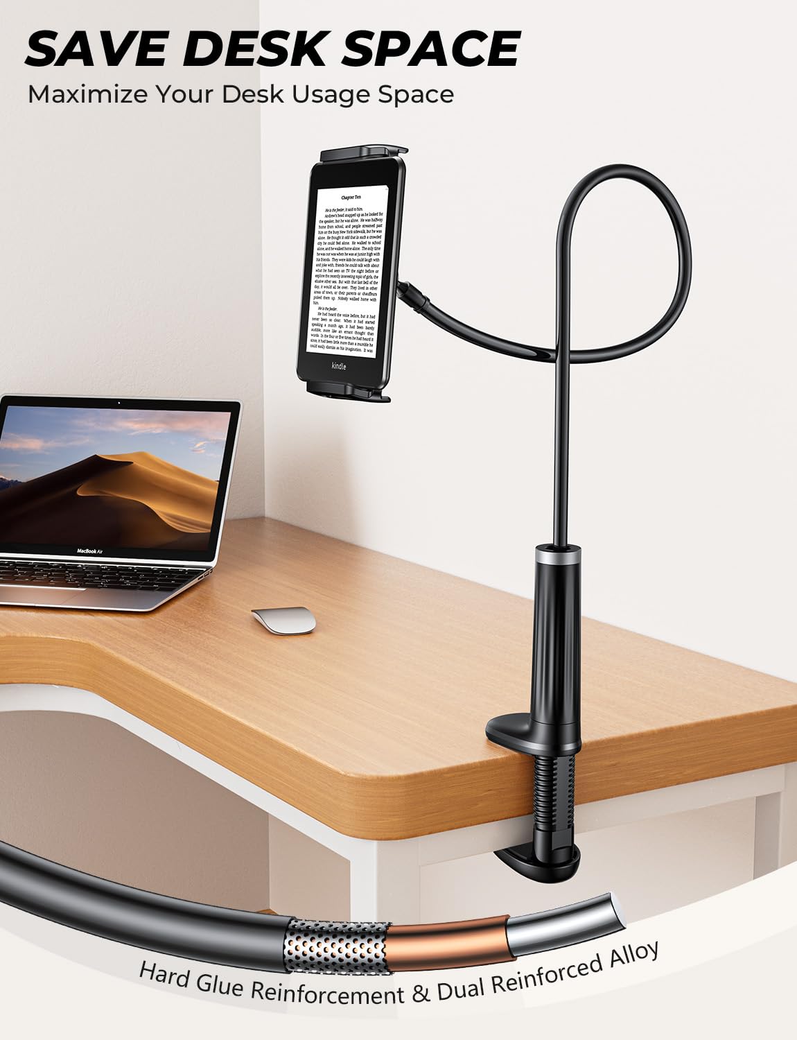 Tryone Gooseneck Tablet Holder for Bed: Tablet Stand with 360° Rotating Base and 2 Clips Phone Mount for Desk, Compatible with iPad Pro 12.9 Air Mini, Phone, or Other Devices from 4.7-12.9 Inches.