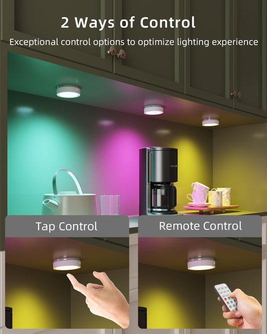 Wireless LED cabinet lighting with remote control and timer, RGB LED spot rechargeable via USB, cabinet lighting without cables, round under cabinet light with magnetic strip, battery-powered touch shelf lighting.