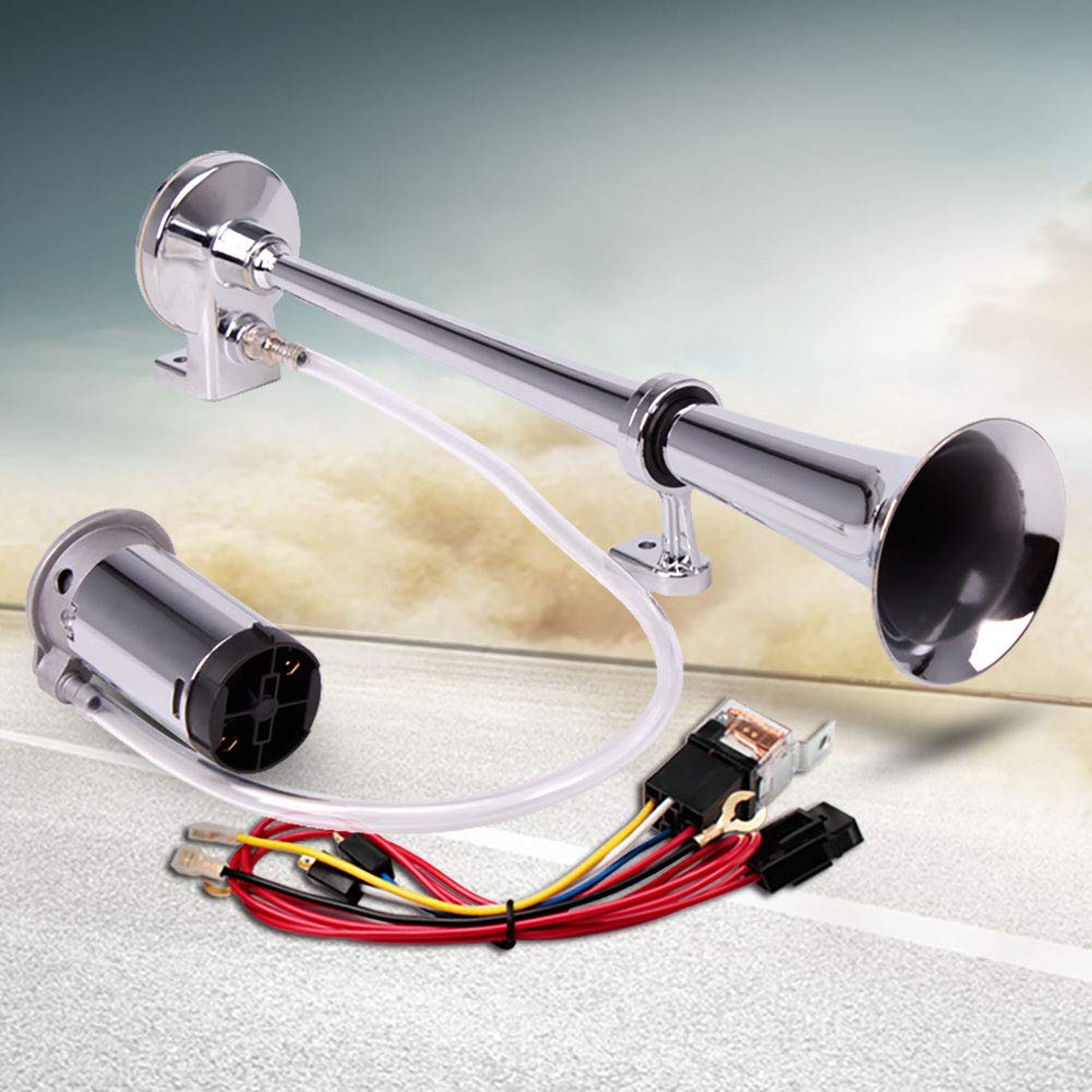 FARBIN 24V 150db Train Air Horn Super Loud 18 Inch Chrome Zinc Single Trumpet Truck Air Horn Kit with Compressor and Wiring Harness for All 24V Vehicles (24V, Single Tube Air Horn)