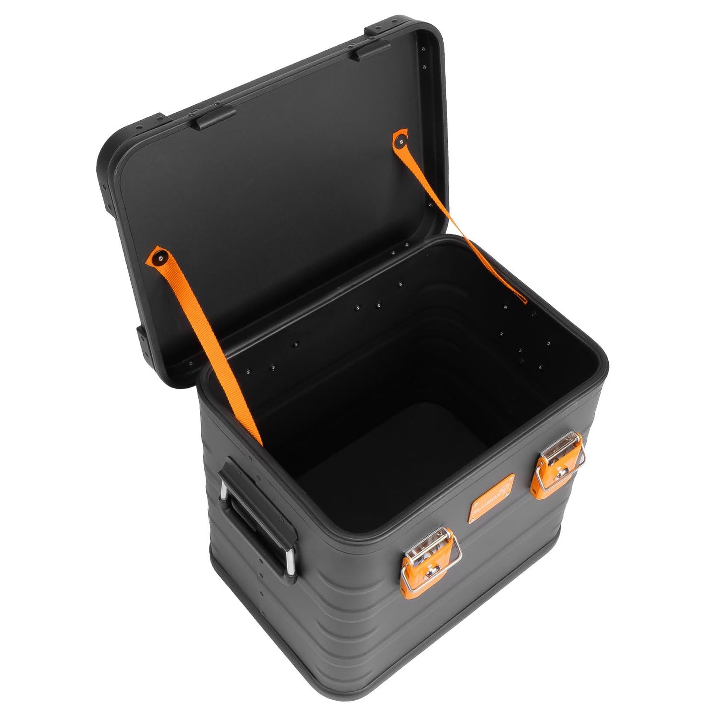 Aluminum box lockable E31B - Premium aluminum storage box 31 liters - lid with aluminum die-cast stacking corners and rubber seal - including locks - black lacquered