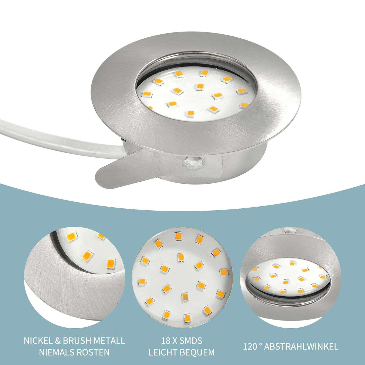 HiBay 6-pack LED recessed lights 230V Flat 5W LED Spot 60mm-68mm Round Nickel Neutral White Ceiling spots for living room kitchen office.