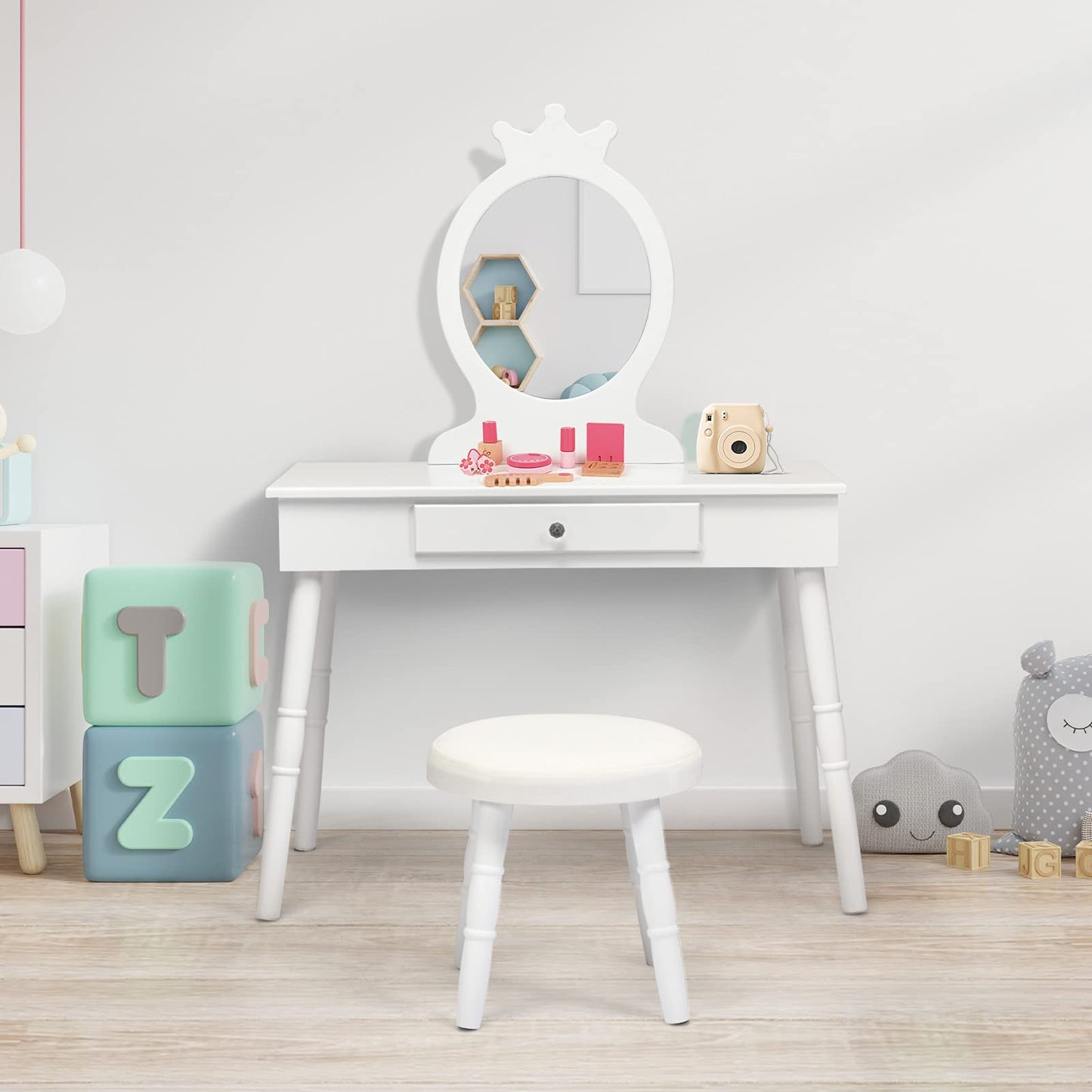 GOPLUS Kids Vanity Set with Stool, Girls Dressing Table with Mirror, Children's Cosmetic Table with Drawer, Wooden Makeup Dresser for Kids' Room (White)