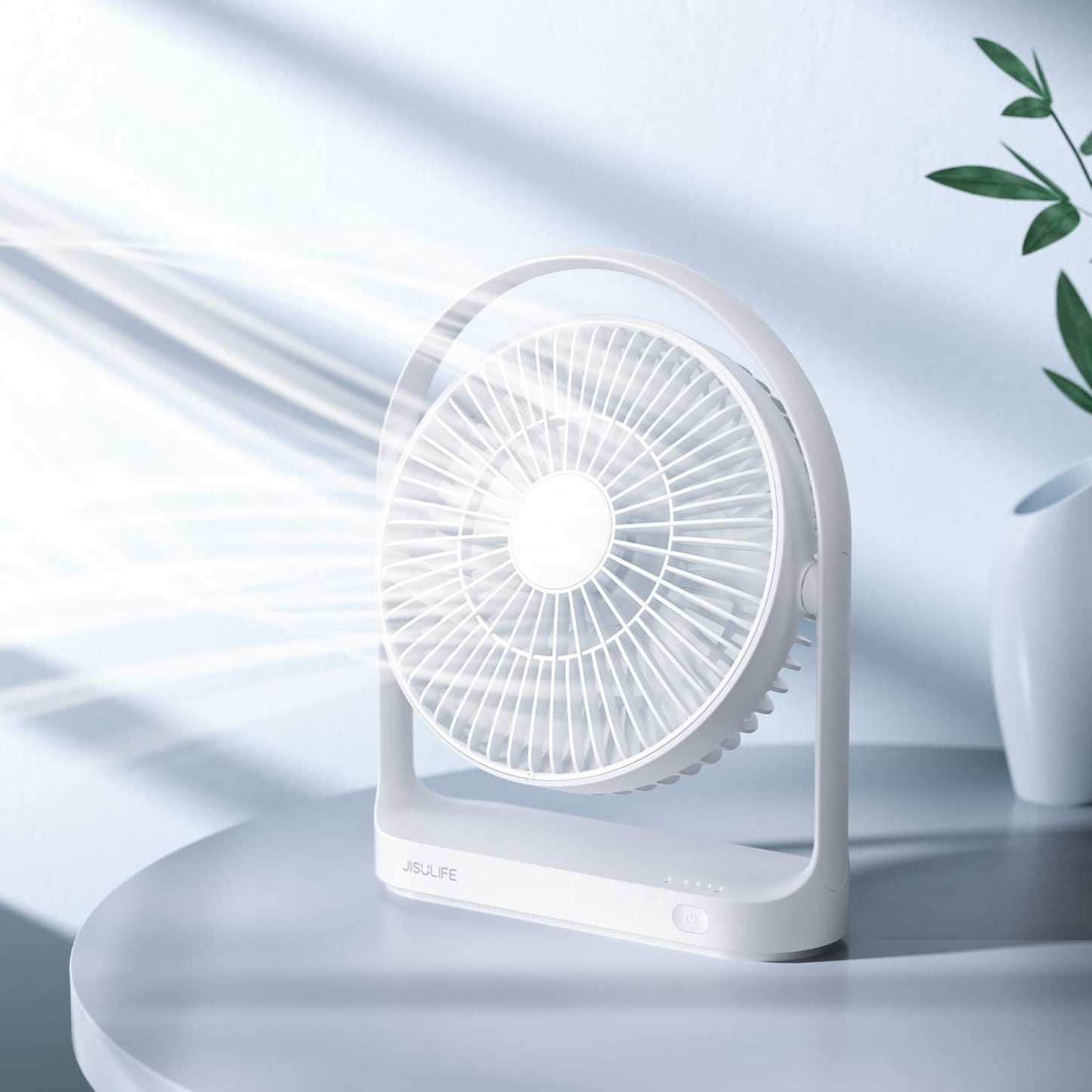 JISULIFE Table Fan, USB Fan 4000mAh with 4 speeds, Small Quiet Table Fan, Max 15 hours, Rechargeable Battery Table Fans for Home/Office/Outdoor-White