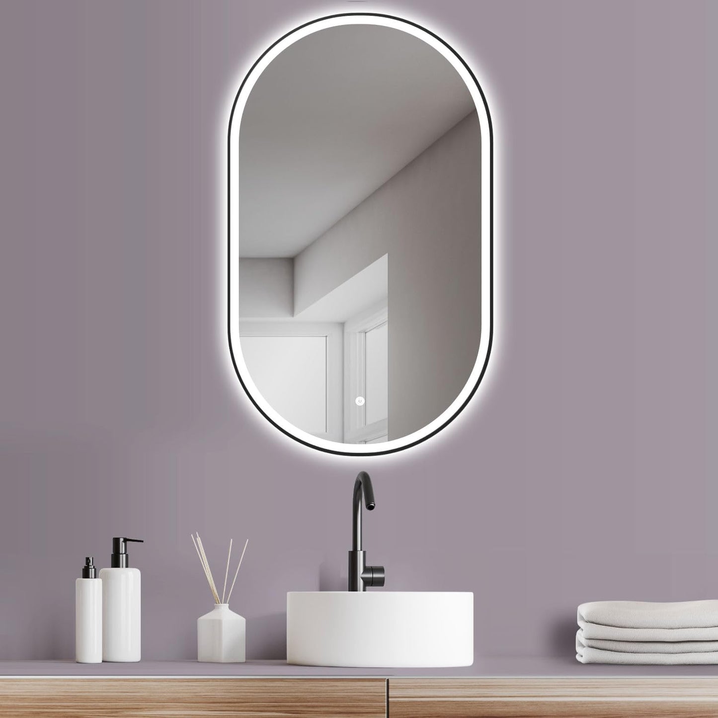 HOKO LED Design Bathroom Mirror oval 45x75 cm / 75x45 cm Brescia+ Black Metal Frame. VERTICAL+HORIZONTAL Installation. Lighted mirror, also Vanity Mirror+Touch Switch+Light Change-Warm White-Cool White-Neutral