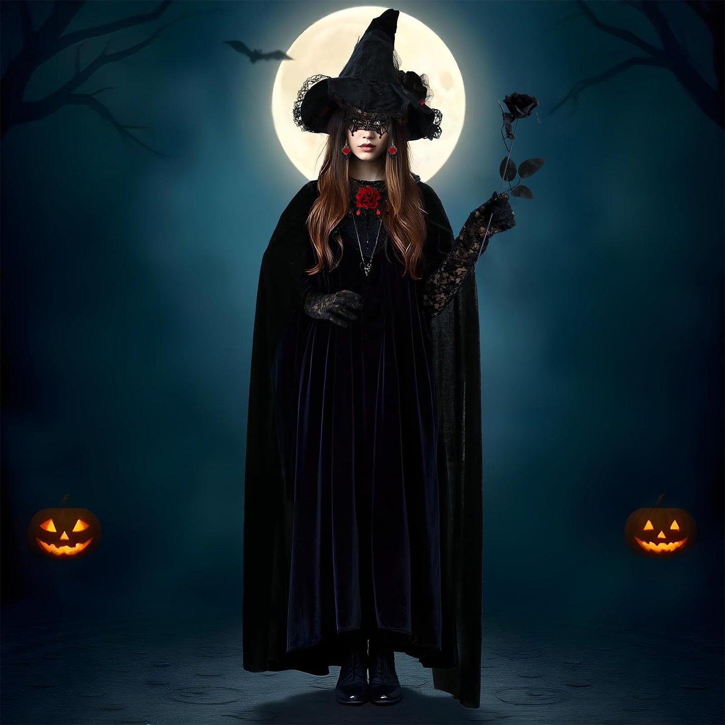 FHzytg Witch Costume Women Halloween, Halloween Costume Women with Black Cape, Lace Mask Necklace Gloves, Halloween Witch Hat, Vampire Sexy Creepy Witch Costume Cosplay Party
