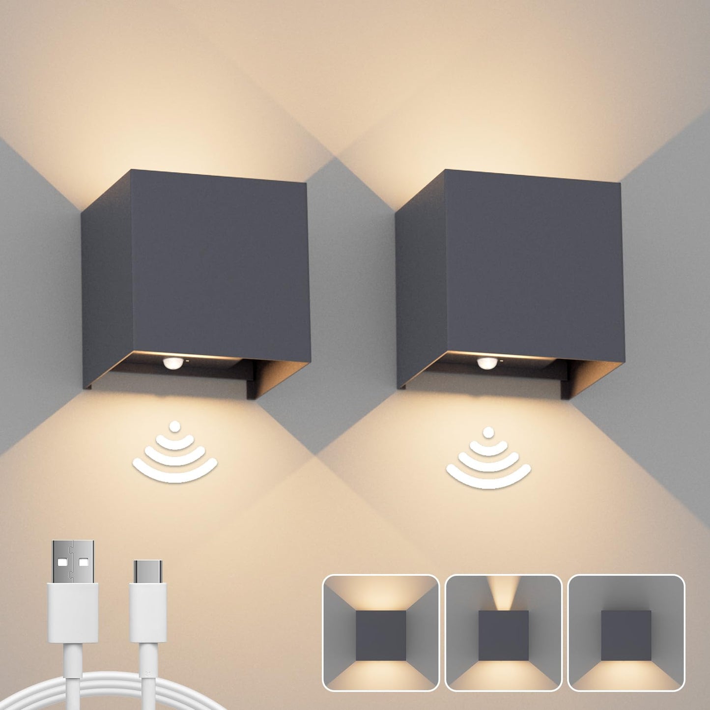 Klighten 2-piece Battery Wall Light with Motion Sensor, 3000K Wireless Wall Lamp, 5500mAh Rechargeable Wall Light with USB-C, Adjustable Beam Angle Indoor Wall Light for living spaces and more. Anthracite