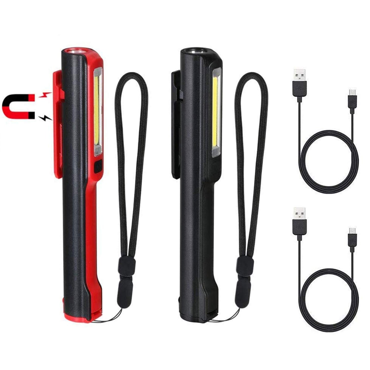 Flintronic LED work light, flashlight workshop lamp rechargeable, 3W head & COB | SOS flashing | Magnetic clip & base | 5 brightness modes for workshop-automotive-camping emergency - 2Pcs