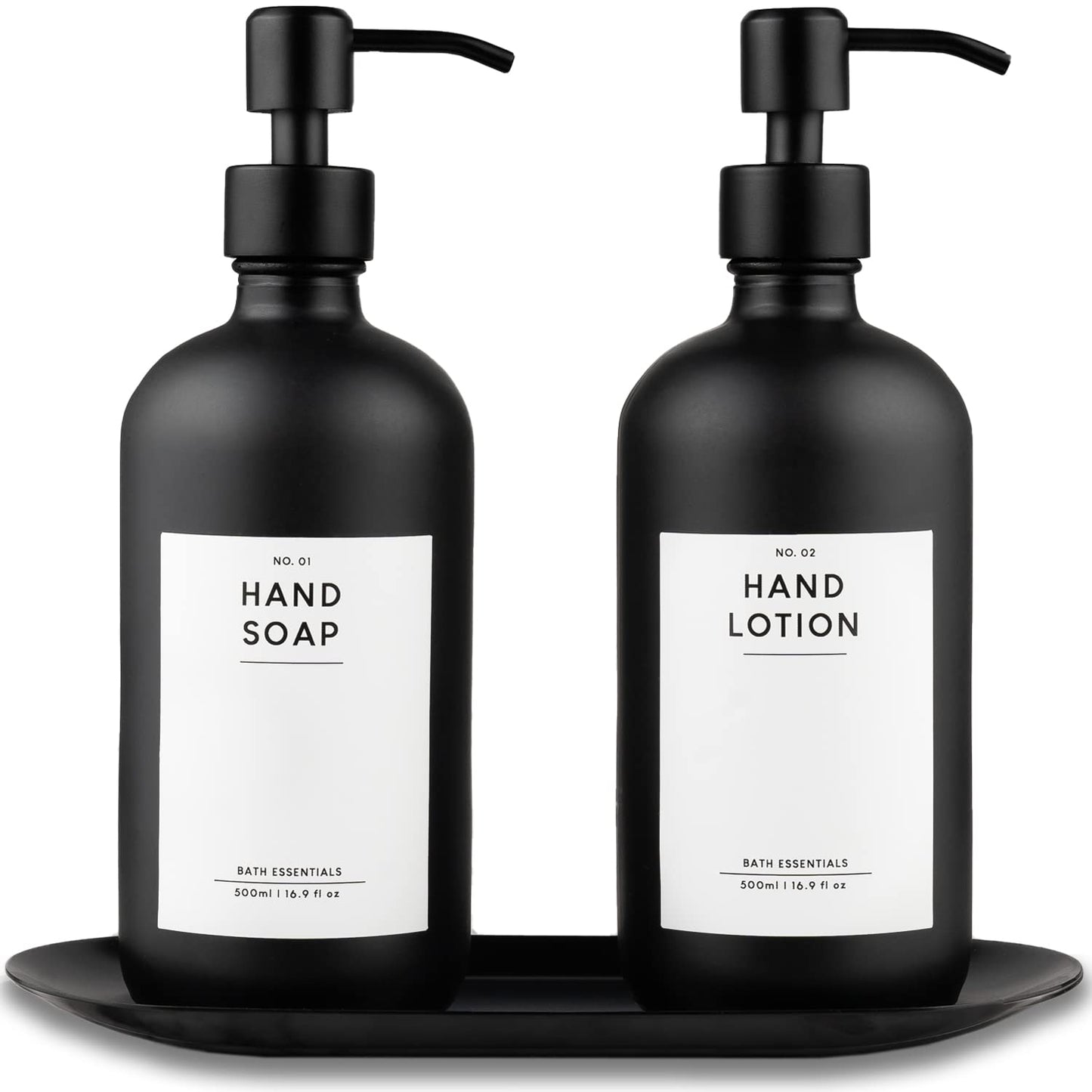 MONOKO 2-Piece Set Soap Dispenser Matte Black Glass with Tray | 500ml Kitchen Dish Soap Dispenser | Refillable Bottles | Stainless Steel Pump Head | Pump Bottle + Sticker