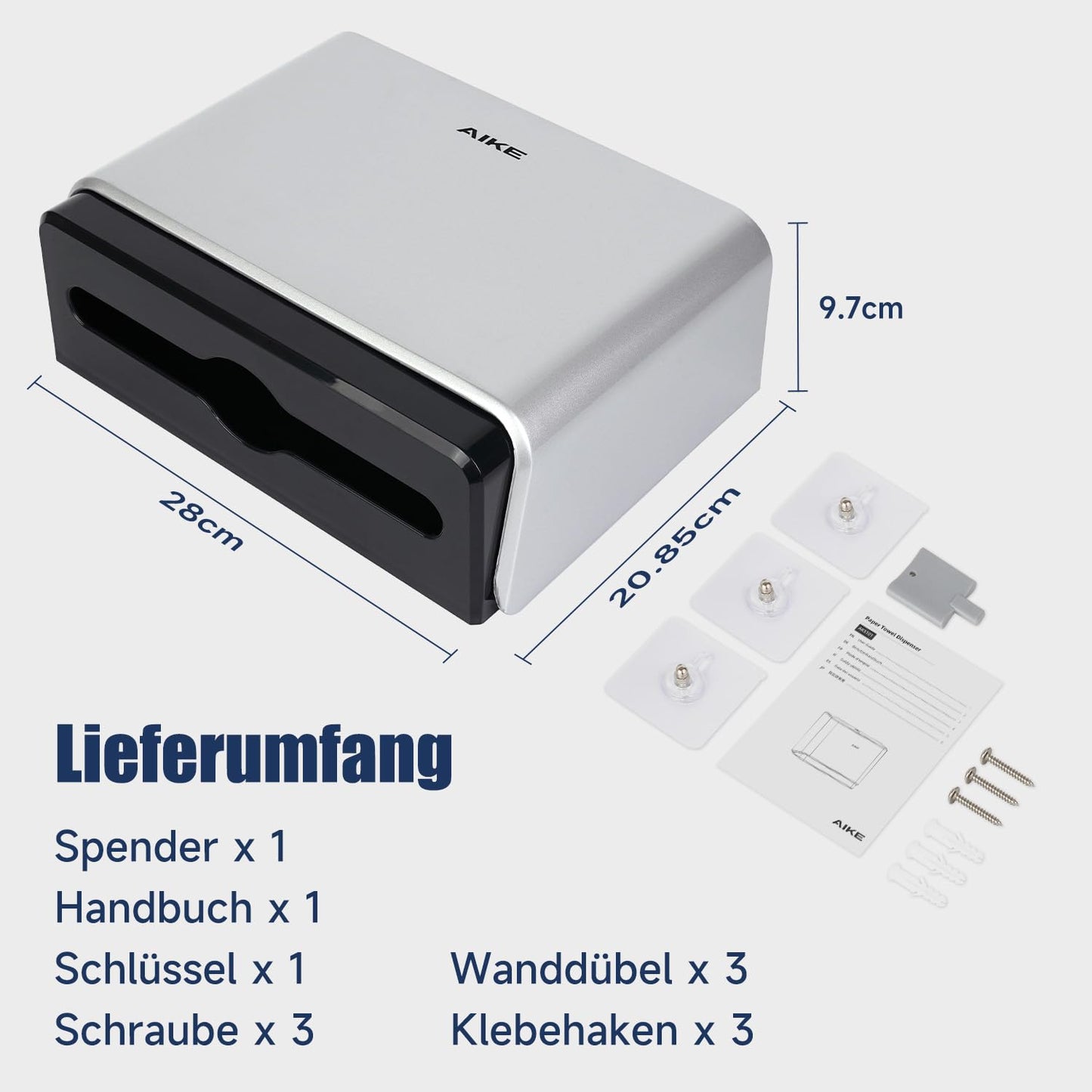 AIKE Paper Towel Dispenser Wall-Mounted without Drilling, compatible with Z/N-Fold and H2 for paper fold size 25.3 x 8 (cm) or smaller, holds 200 sheets of paper.