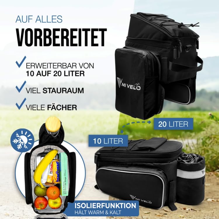 MIVELO - Bike bag for luggage carrier insulated luggage carrier bag cooler bag bike - up to 20L - water-repellent (Black - insulated)