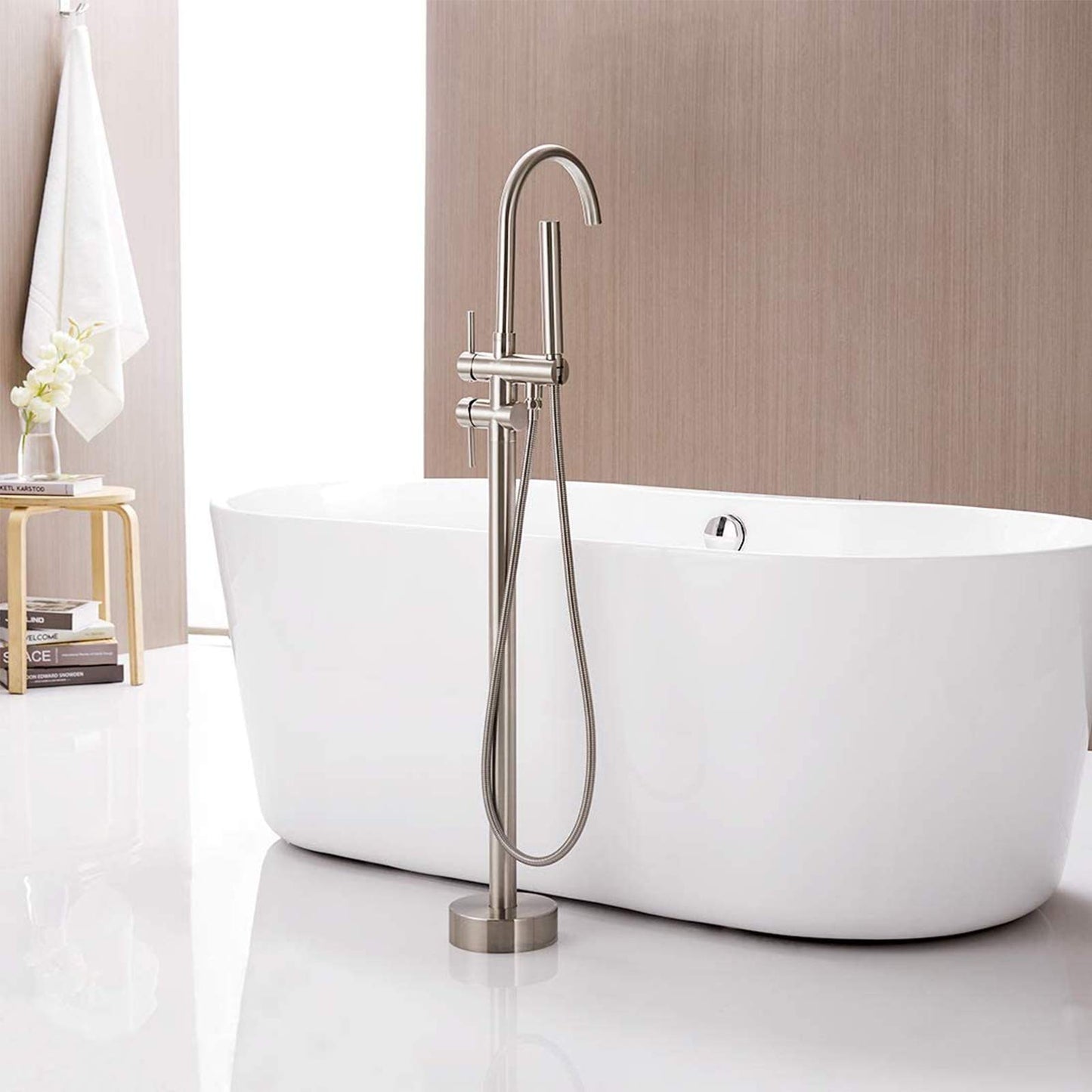 Rozin Freestanding Bathtub Faucet Brushed Nickel Brass Two Handles 360° Rotatable Spout with Hand Shower 150cm Hose Bathroom Tub Faucets