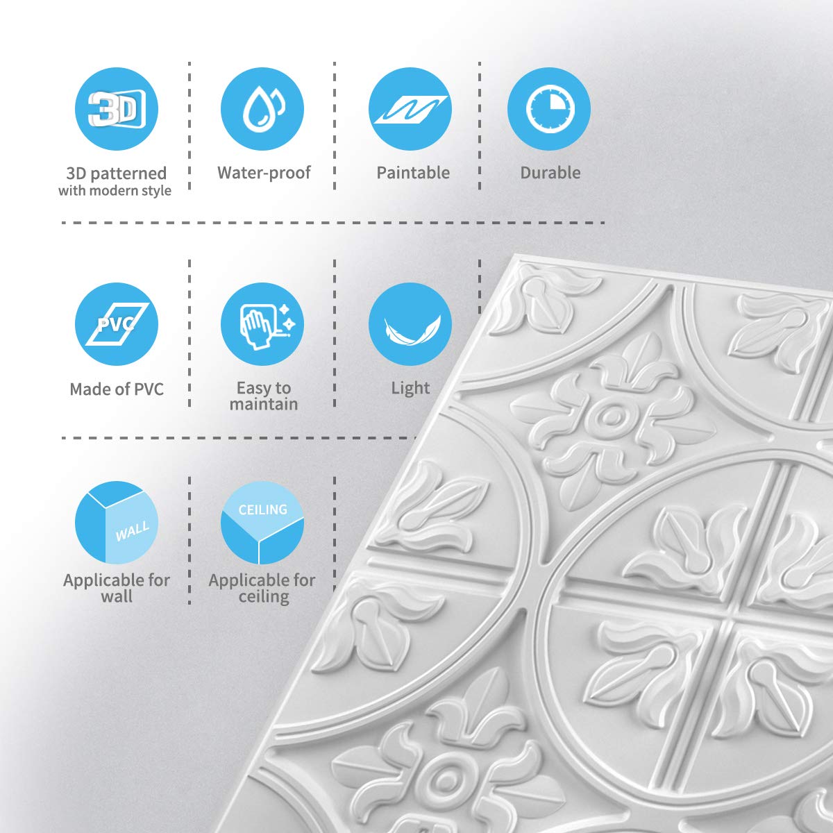 Art3d 12 pieces, 4.5 sq.ft Ceiling Tiles, 3D Wall Panels, 61 x 61 cm, Self-Adhesive, Classic Style, White.