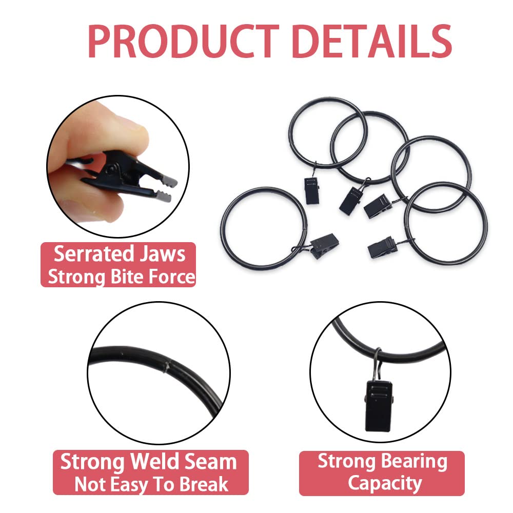 40 large metal curtain rings, curtain clips, durable, rustproof, with rings, 5 cm inner diameter, for curtain rods, clips, hooks, black (40 pieces)
