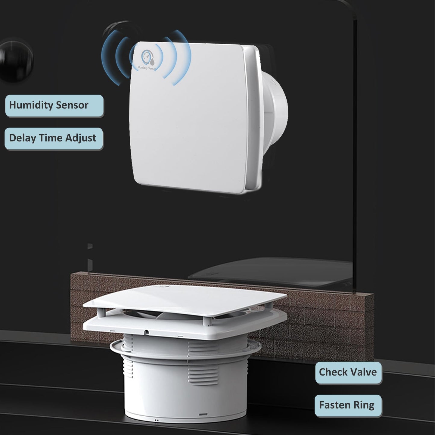 100mm Bathroom Exhaust Fan with Humidity Sensor, Quiet Window Ventilation Fan, Exhaust Wall Fan with Backdraft Damper, Window Mounting Ring, Temperature-Humidity Sensor for Kitchen and Bathroom.