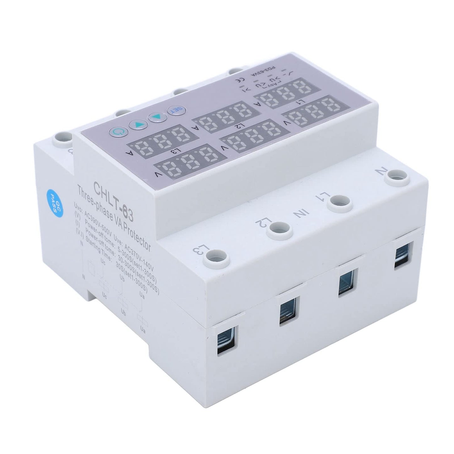 3-phase DIN rail voltmeter-ammeter multitester, AC 390-500V automatic overvoltage-overcurrent protection (63A)