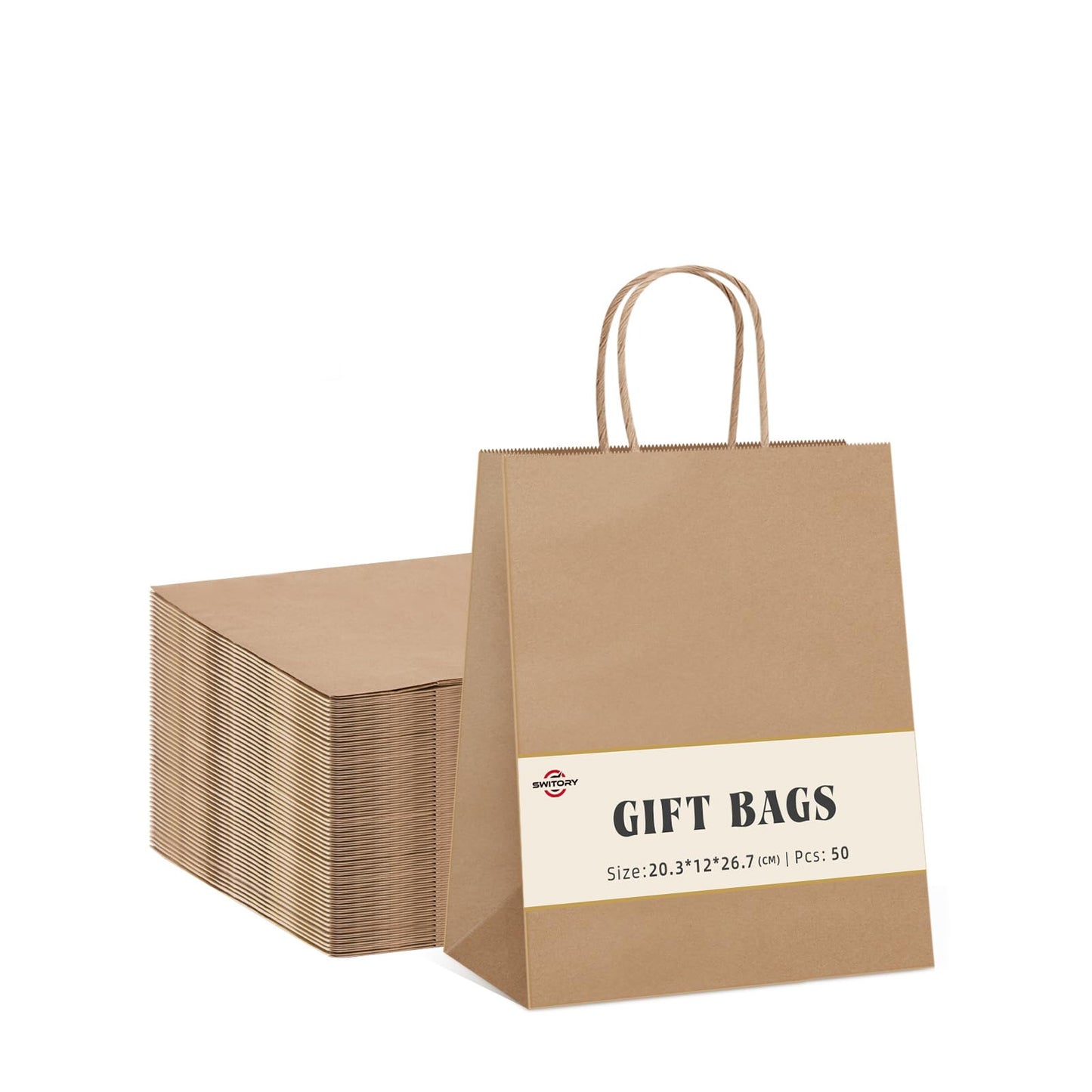 Switory 50 pcs Brown Paper Bags with Handle - 20.3 x 12 x 26.7 cm Small Gift Bags Paper Shopping Bags Kraft Paper Bag for Shopping, DIY, Birthday, Party
