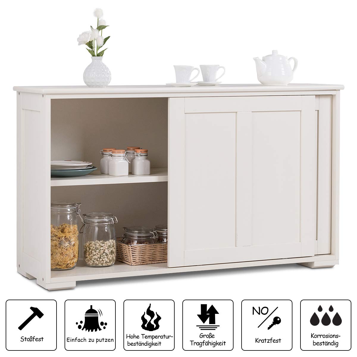COSTWAY sideboard, kitchen cabinet with sliding doors & adjustable shelves, buffet cabinet storage cabinet, serving cabinet for kitchen, dining room, living room, 107 x 33 x 60 cm, wood, cream white.