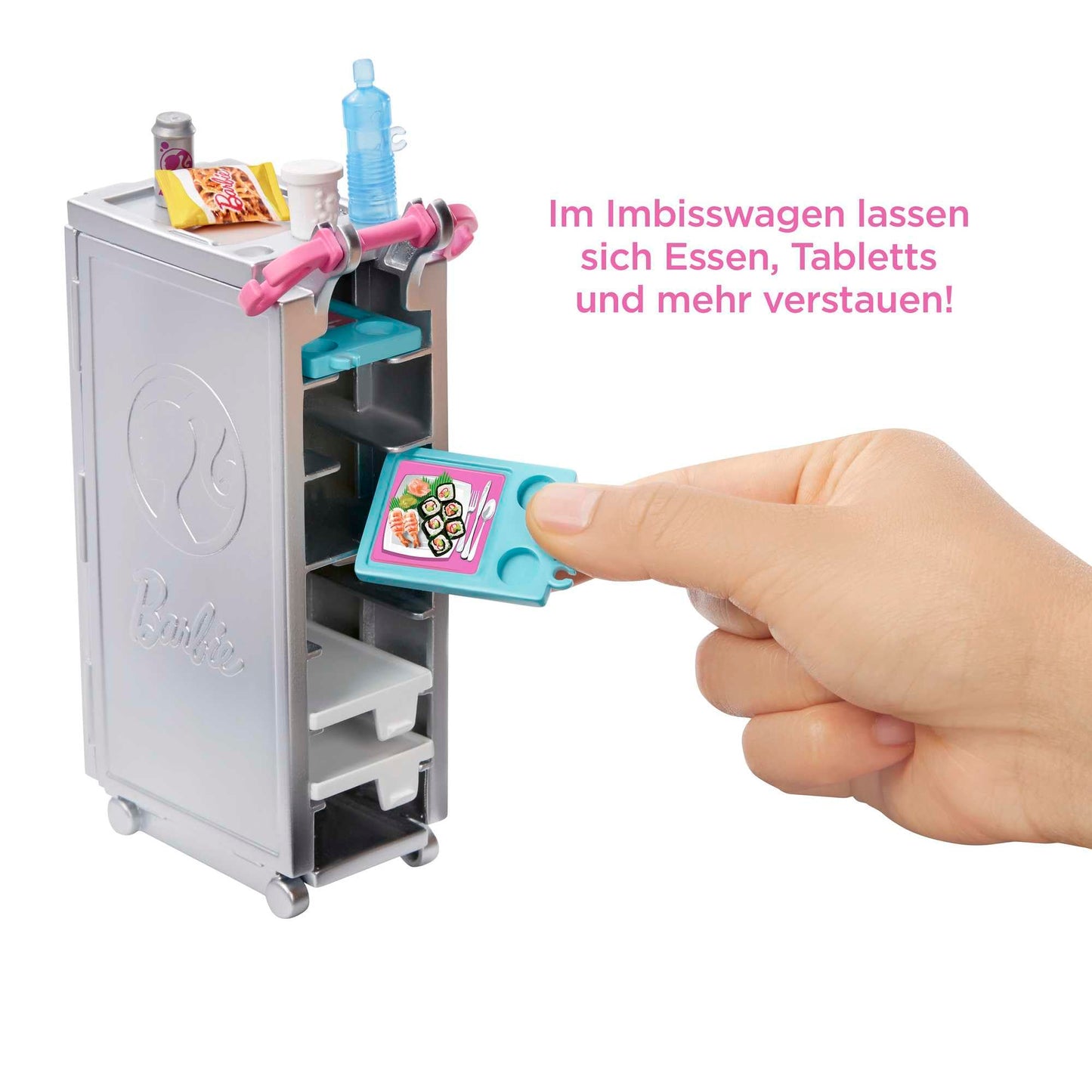 Barbie airplane with pilot doll, featuring movable wheels and 15 accessories including pet and trolley, in pink, suitable for ages 3 and up, GJB33.