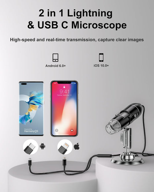 USB Microscope Digital, AOPICK 1440P microscope for iPhone Android, 10 to 200X digital microscope with 8 LED & stand HD Mobile Microscope Compatible with iOS, Android, Tablet