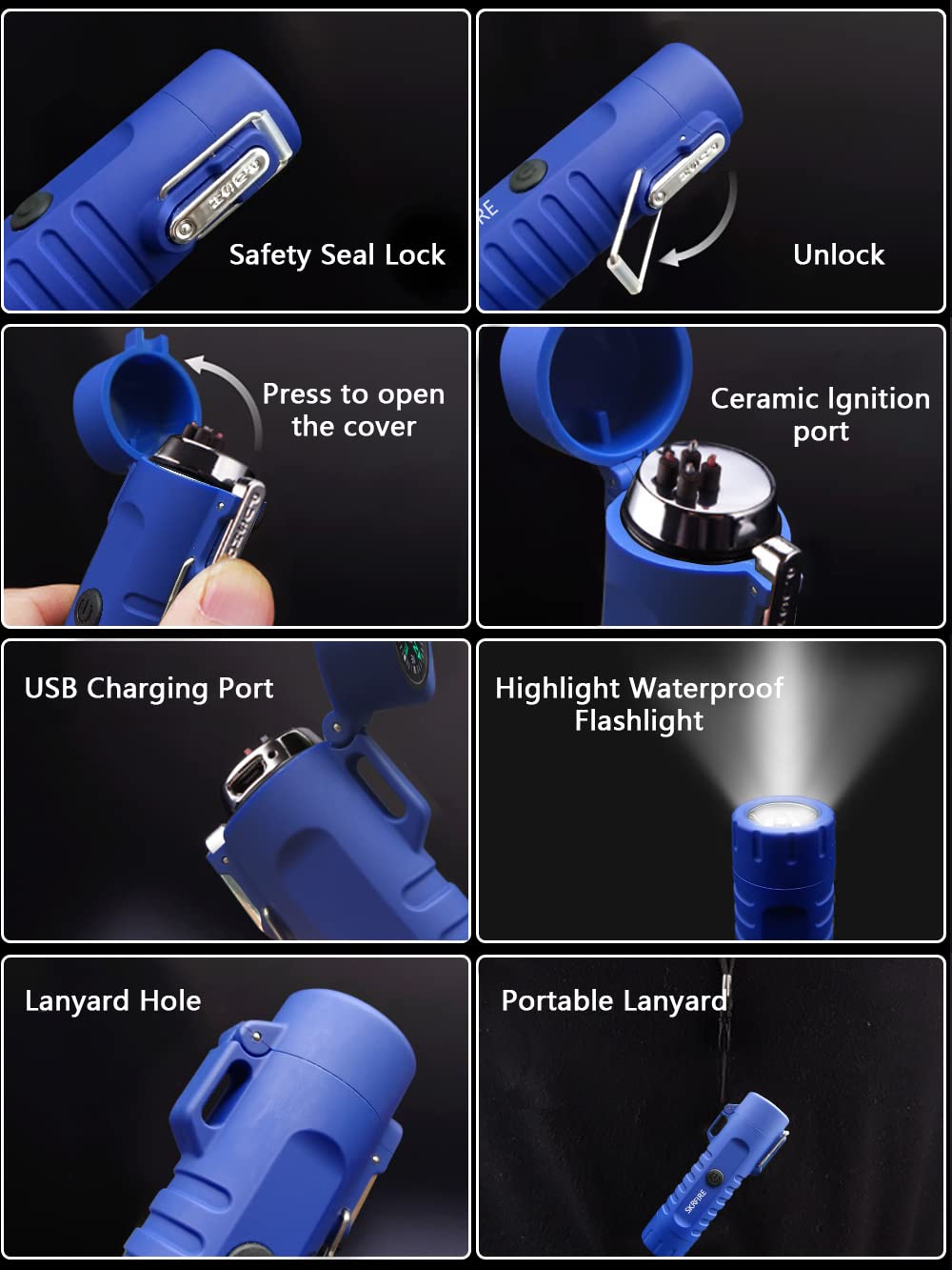 SKRFIRE windproof lighter, double arc lighter, plasma lighter with LED flashlight, rechargeable USB lighter, flameless electric lighter suitable for camping, hiking (Blue)
