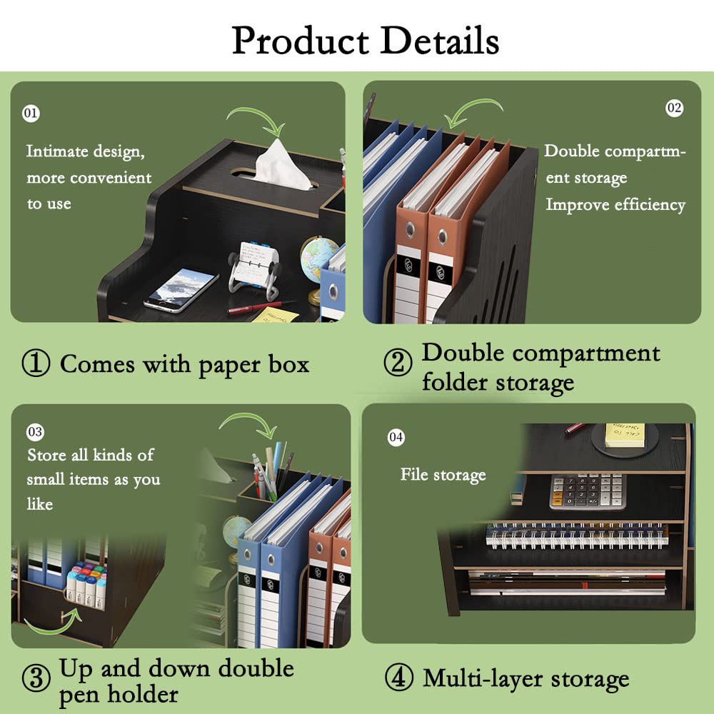 Wooden desktop organizer, large capacity, tidy storage holder, DIY office supplies, storage box for A4 papers, documents, and notebooks (JB07 Black).