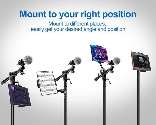 Elitehood Aluminum iPad Holder Microphone Stand, Side Tablet Holder Mic Stand, Adjustable 360° Rotatable Tablet Holder Microphone Stand with iPad Pro 12.9, Air, Mini, More 4-12.9” Devices