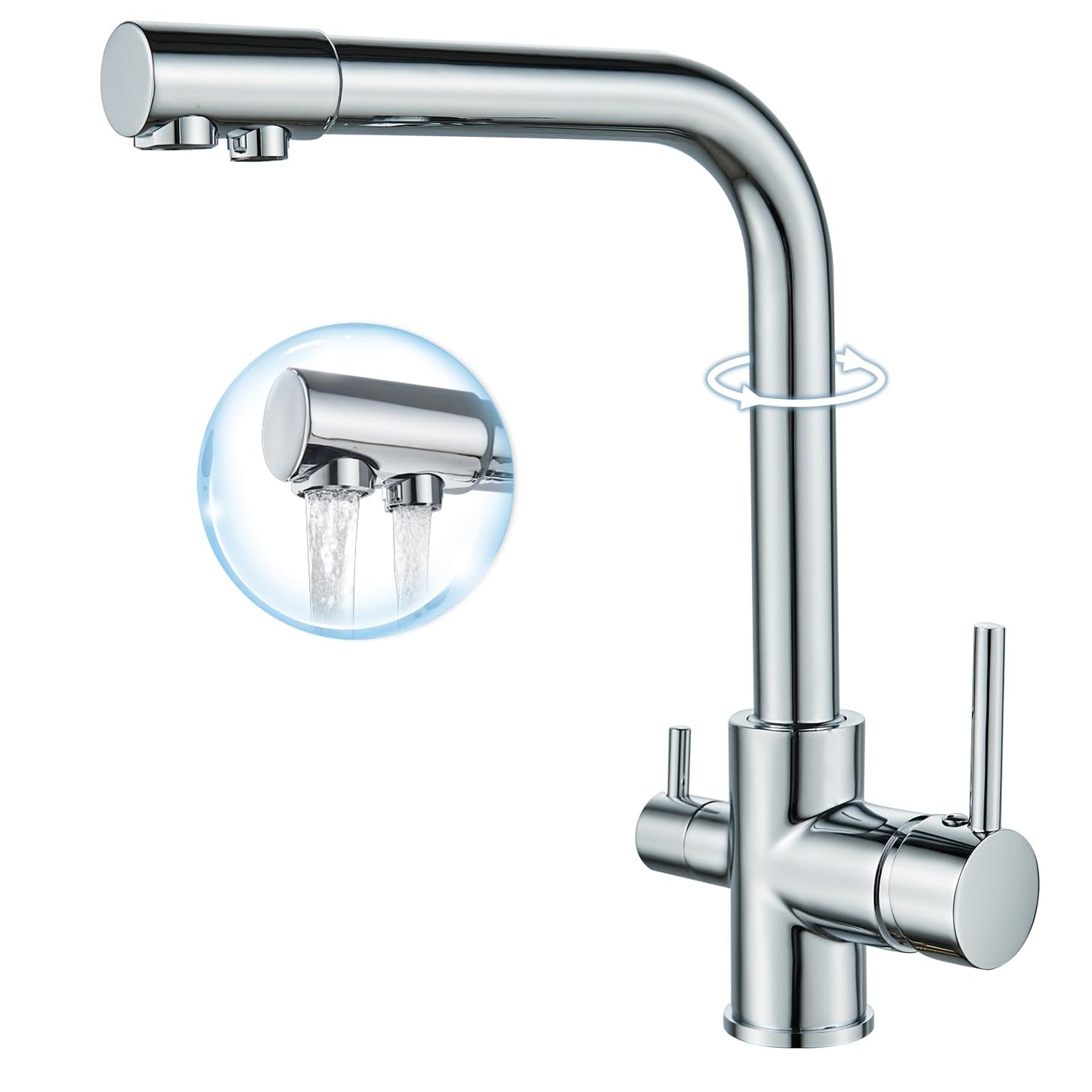 ROVOGO Kitchen Faucet 3 Way Water Filter Mixer Tap, Kitchen Tap for Hot, Cold and Drinking Water, 360° Rotatable Sink Faucet Stainless Steel with Double Lever and 3 Hoses, Chrome