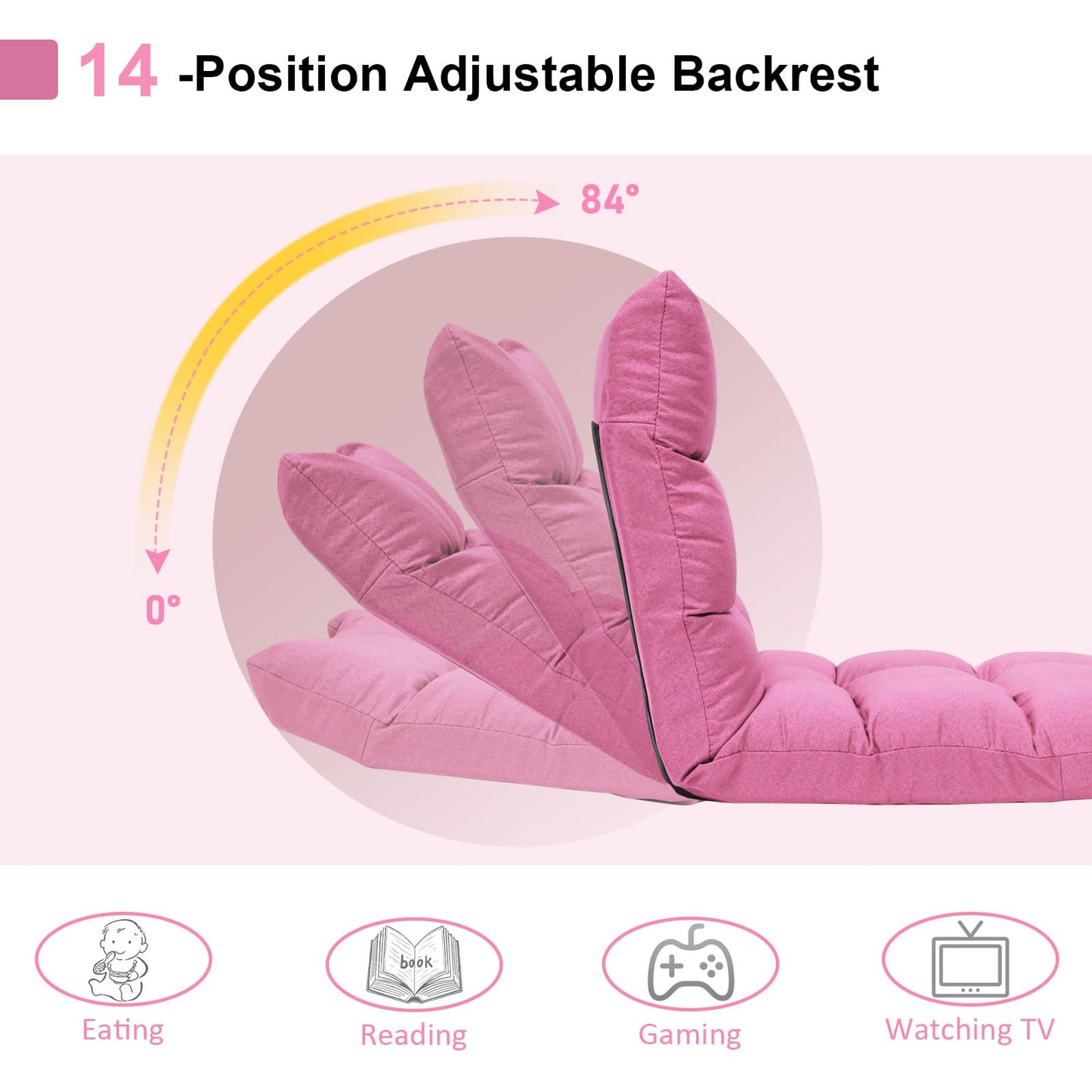 HOMASIS floor chair padded, floor armchair with Adjustable Backrest in 14 positions, reading chair meditation chair foldable for living room, study, office (linen, pink)