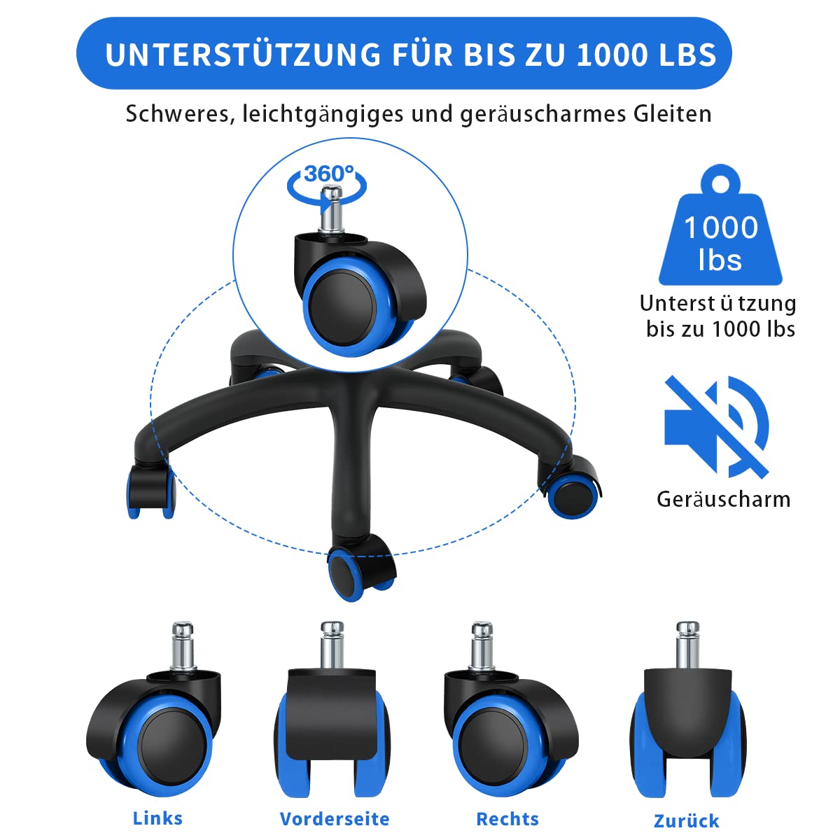 Office chair casters (set of 5) - 11 MM / 22 MM replacement hard floor casters for gaming chairs, swivel chairs, caster wheels for office chairs to protect floors, ideal for hardwood, laminate, tile, and stone floors (blue)