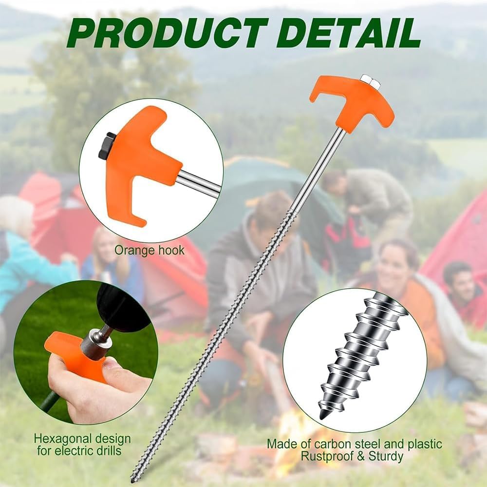 24 pieces of screw-in camping pegs, rotating tent pegs with threads, screw-in camping pegs, pegs earth nails sturdy for hard ground, forest, meadows, grass. Durable and strong.