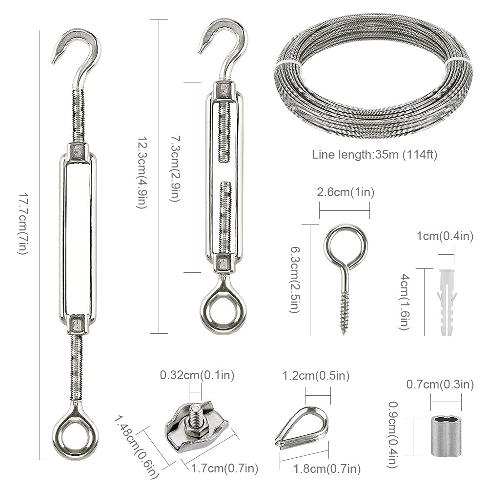 Stainless Steel Wire Rope Trellis - 35m PVC Coated Steel Cable Tensioning Kit with Turnbuckle M5, Eye Screw, Thimble, Wire Rope Clamp & Aluminum Rope Clamp for Climbing Plants, Railing, Light/Picture Hanging.