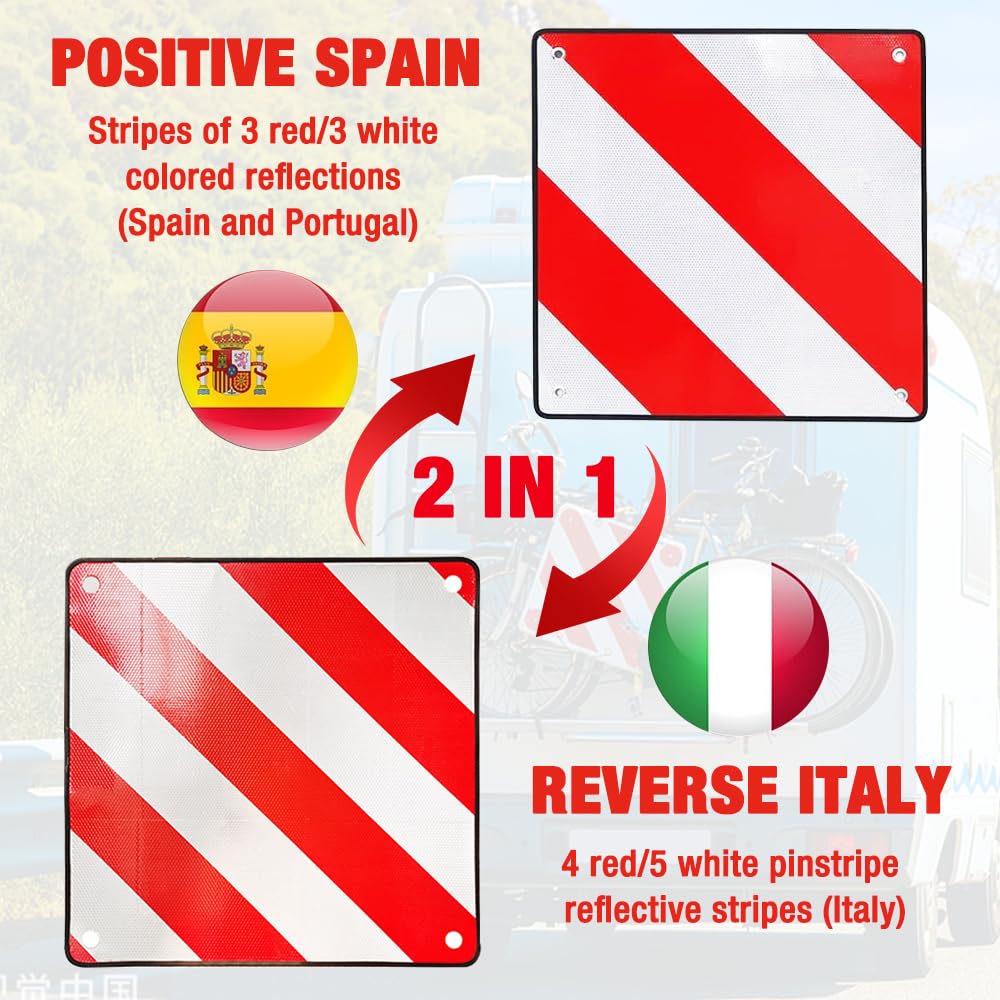 HOVCEH 2in1 warning sign Italy and Spain, 50 x 50 cm warning sign for bike carriers made of aluminum with 4 tension ropes. Warning sign for bike carriers in Italy for motorhomes, bike carriers, caravans, rear carriers.
