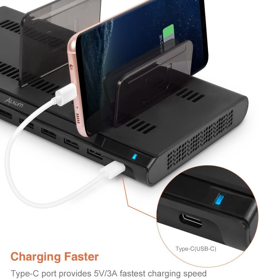 Alxum 120W USB Multi Mobile Charging Station with QC 3.0 Fast Charge & Type C Phone Charging Dock with 10 Ports and removable dividers (Black)